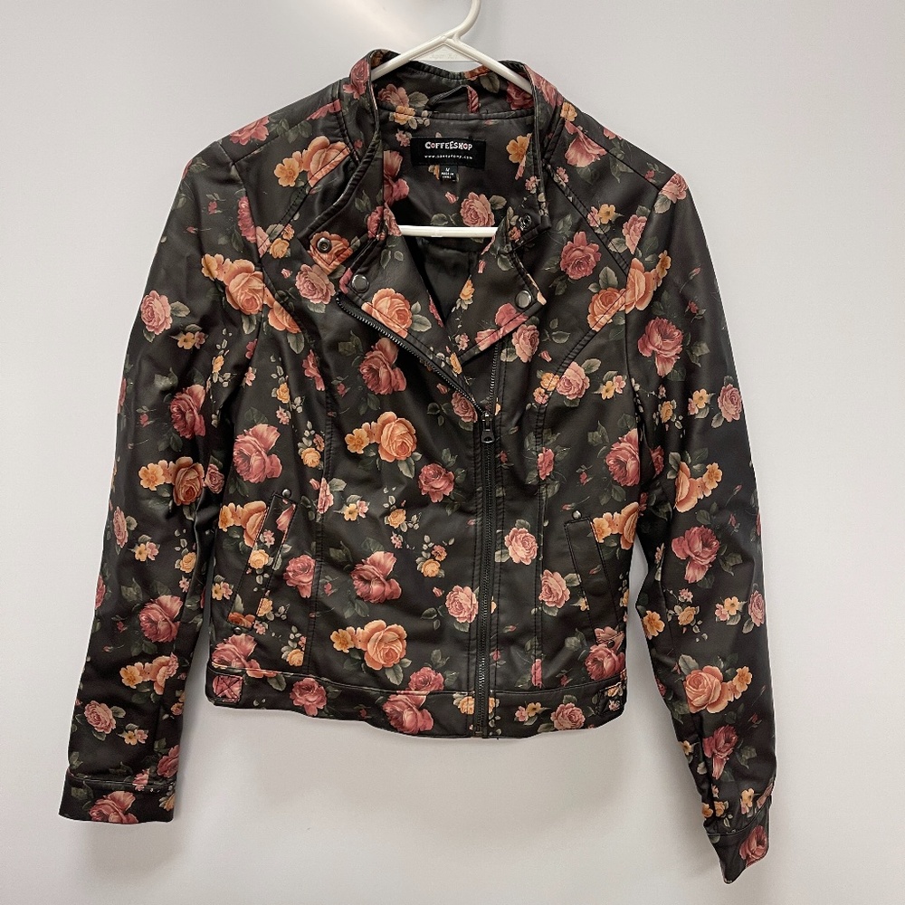 Coffeeshop NY Floral Print Moto Faux Leather‎ Jacket Size M - Picture 2 of 10